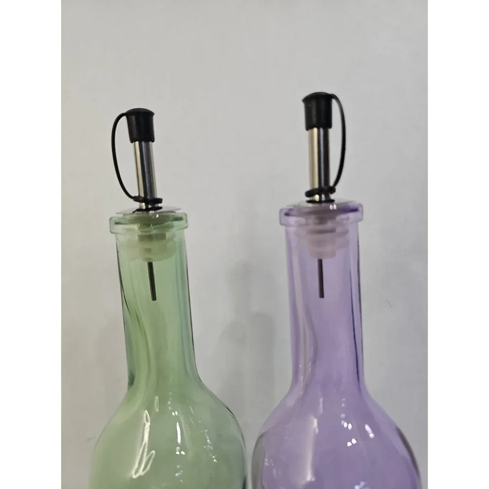 Set of 2 Grant Howard Glass Cruets-Oil & Vinegar Dispensers (Mint & Violet) Leaf